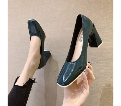 Square-Toe Chunky Heel Patent Pumps SpreePicky