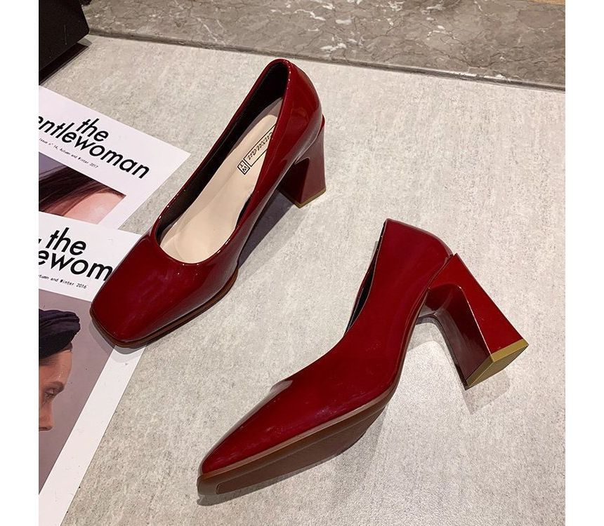 Square-Toe Chunky Heel Patent Pumps SpreePicky