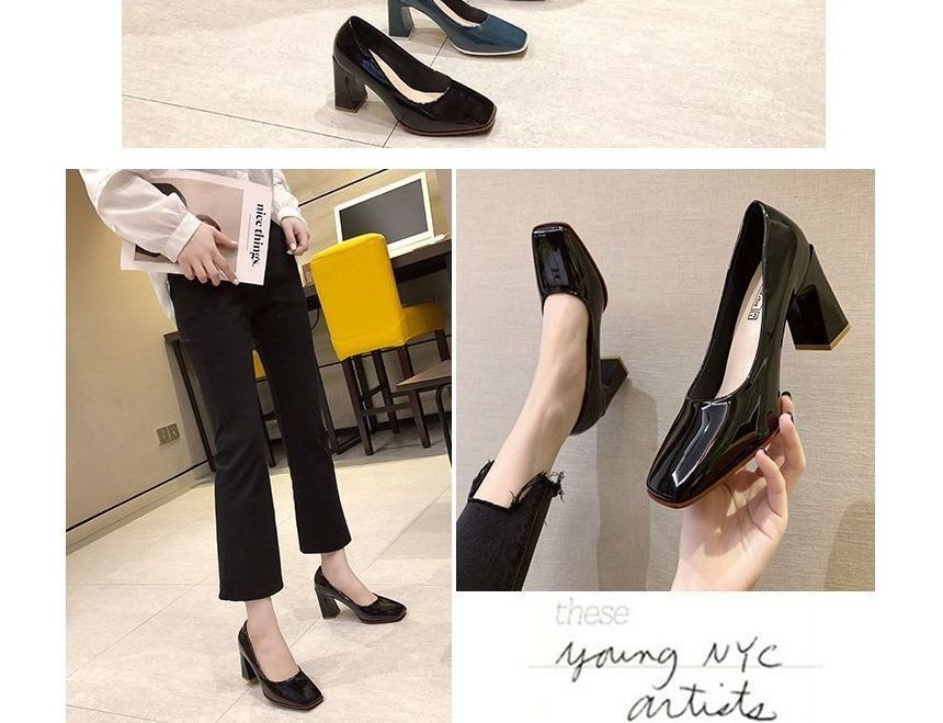 Square-Toe Chunky Heel Patent Pumps SpreePicky