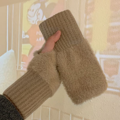 Fluffy Panel Knit Fingerless Gloves SpreePicky