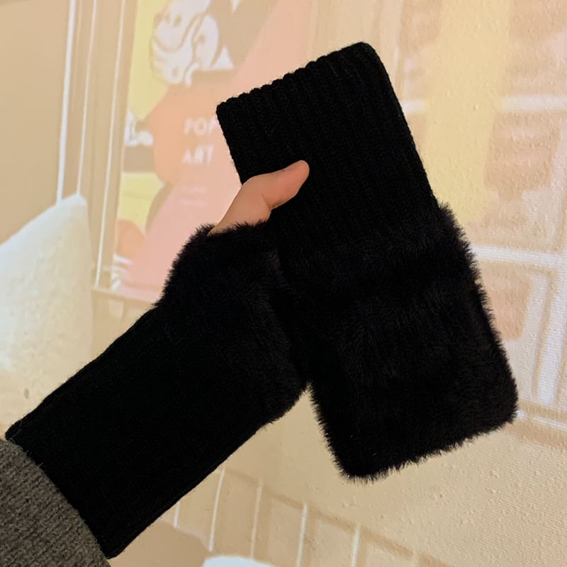 Fluffy Panel Knit Fingerless Gloves SpreePicky