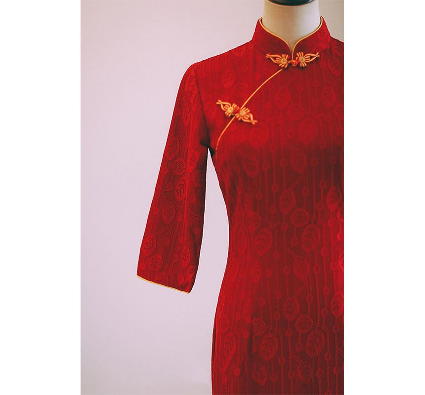 Elbow-Sleeve Plain Lace Qipao SpreePicky