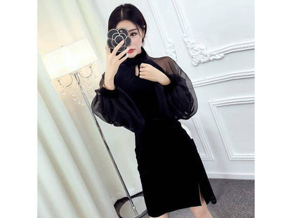 Long-Sleeve Plain Cut Out Qipao Dress SpreePicky