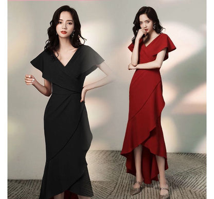 Short-Sleeve V-Neck Plain Asymmetric Dress SpreePicky