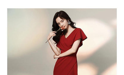 Short-Sleeve V-Neck Plain Asymmetric Dress SpreePicky