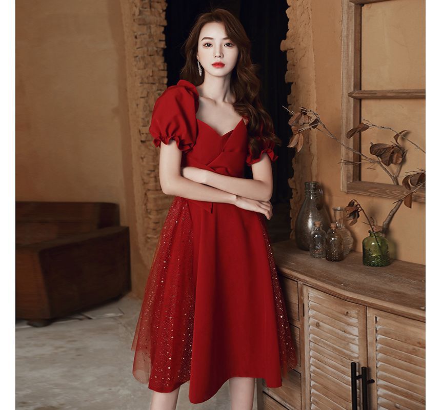 Short-Sleeve Sequin Panel Plain Dress SpreePicky