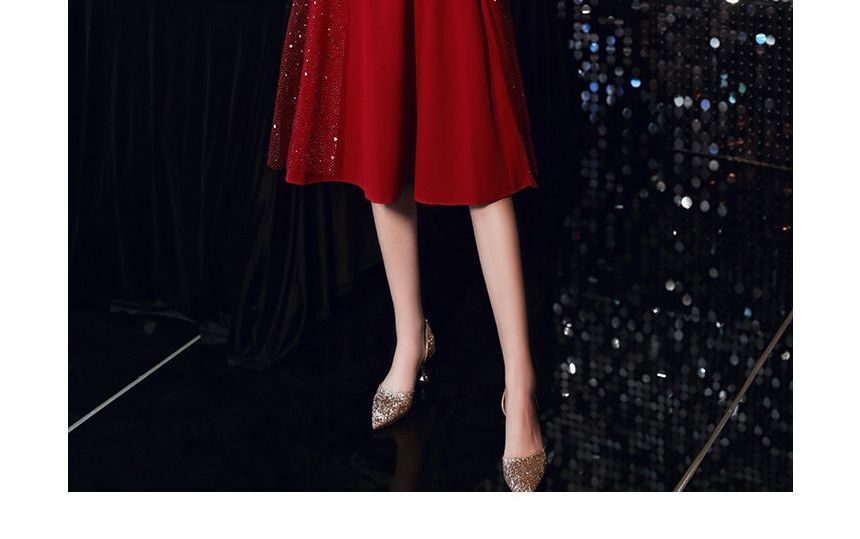 Short-Sleeve Sequin Panel Plain Dress SpreePicky