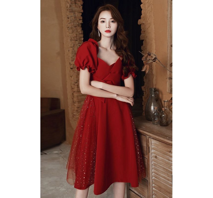 Short-Sleeve Sequin Panel Plain Dress SpreePicky