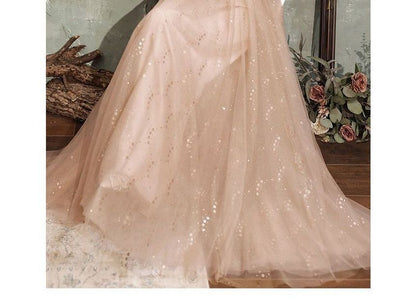 Long-Sleeve V-Neck Sequined Floral Sheer Overlay A-Line Evening Gown SpreePicky