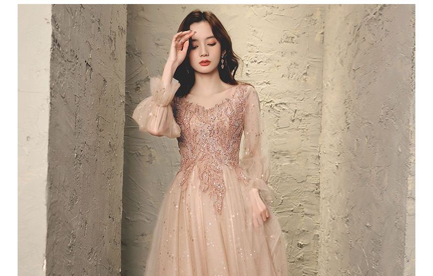 Long-Sleeve V-Neck Sequined Floral Sheer Overlay A-Line Evening Gown SpreePicky