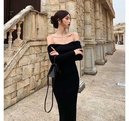 Long-Sleeve Off Shoulder Plain Backless Knit Midi Sheath Dress mySite