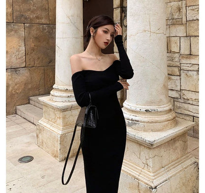 Long-Sleeve Off Shoulder Plain Backless Knit Midi Sheath Dress mySite