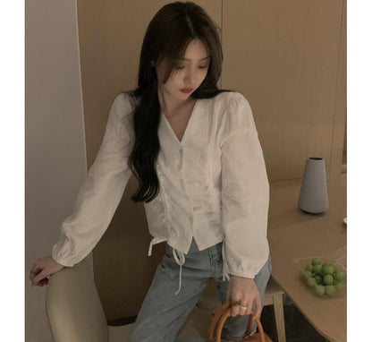 Long-Sleeve V-Neck Plain Ruched Button-Up Blouse mySite