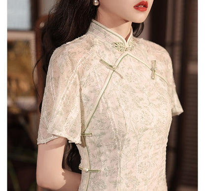 Short-Sleeve Flower Embroidered Qipao SpreePicky