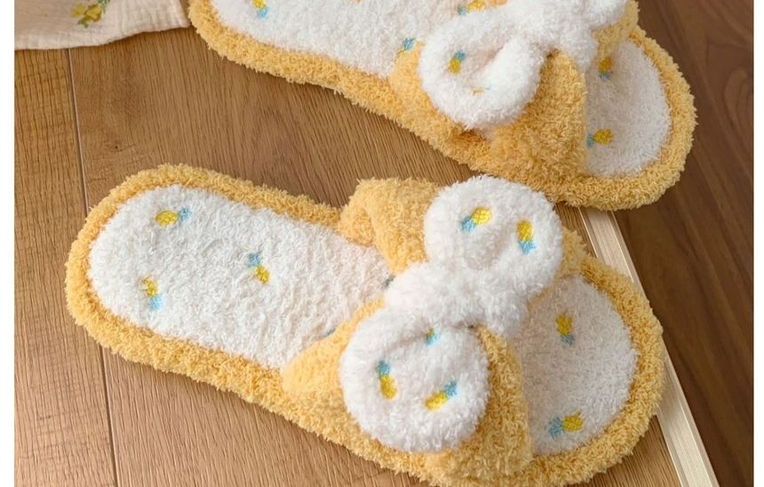 Pineapple Embroidered Fluffy Bow Slippers SpreePicky