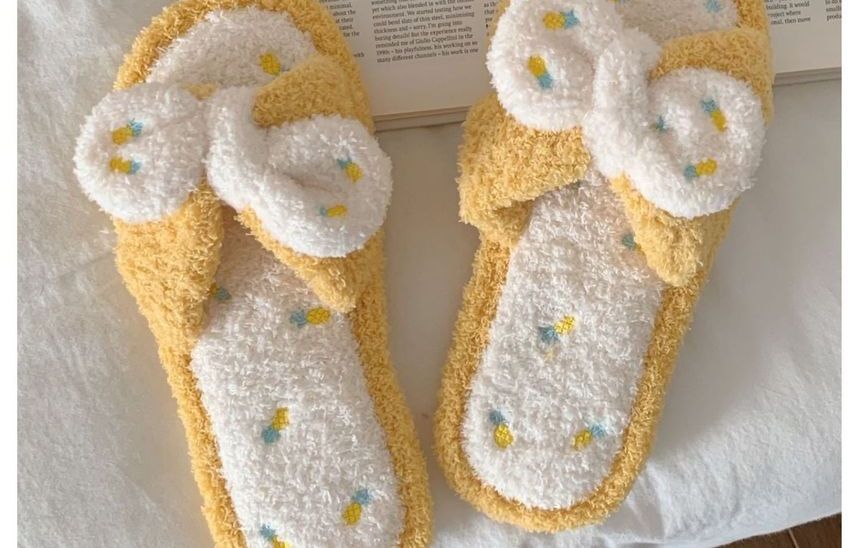 Pineapple Embroidered Fluffy Bow Slippers SpreePicky