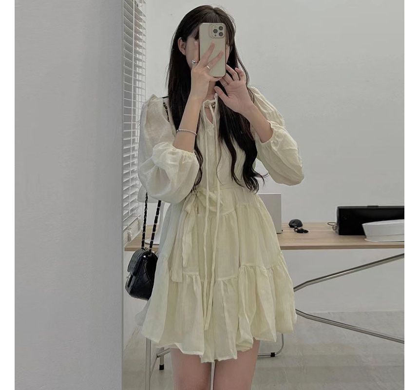 Long-Sleeve Tie-Neck Sashed Plain Mini A-Line Dress SpreePicky