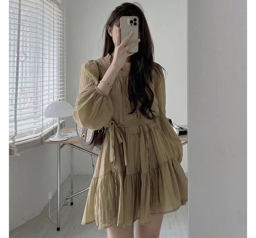 Long-Sleeve Tie-Neck Sashed Plain Mini A-Line Dress SpreePicky