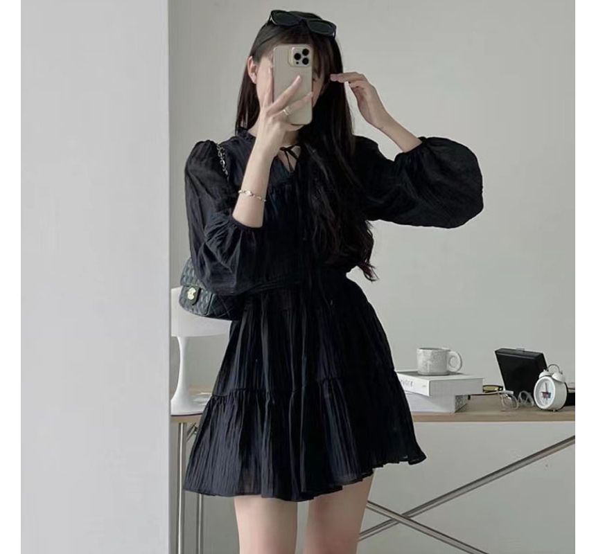 Long-Sleeve Tie-Neck Sashed Plain Mini A-Line Dress SpreePicky