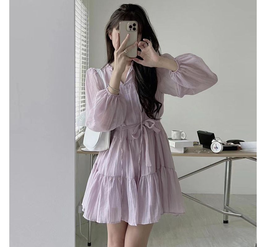 Long-Sleeve Tie-Neck Sashed Plain Mini A-Line Dress SpreePicky