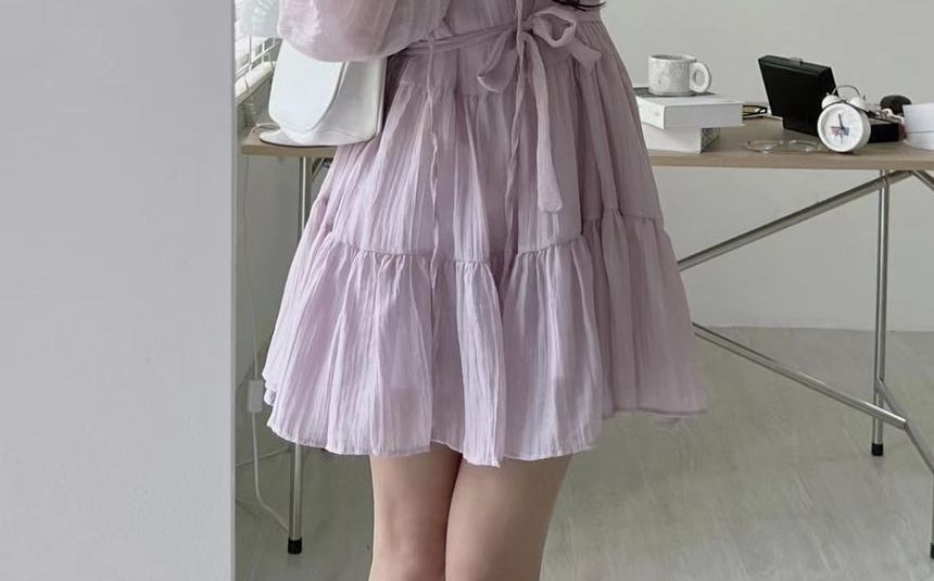 Long-Sleeve Tie-Neck Sashed Plain Mini A-Line Dress SpreePicky