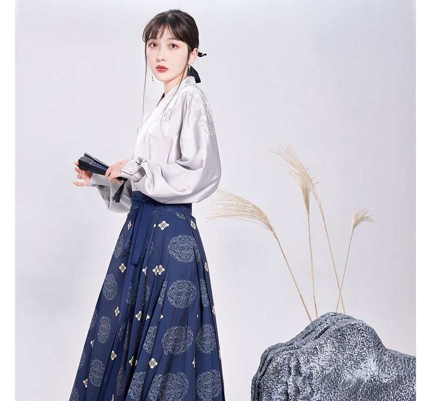 Embroidered Blouse / High Rise Print Pleated Maxi A-Line Wrap Skirt / Set SpreePicky