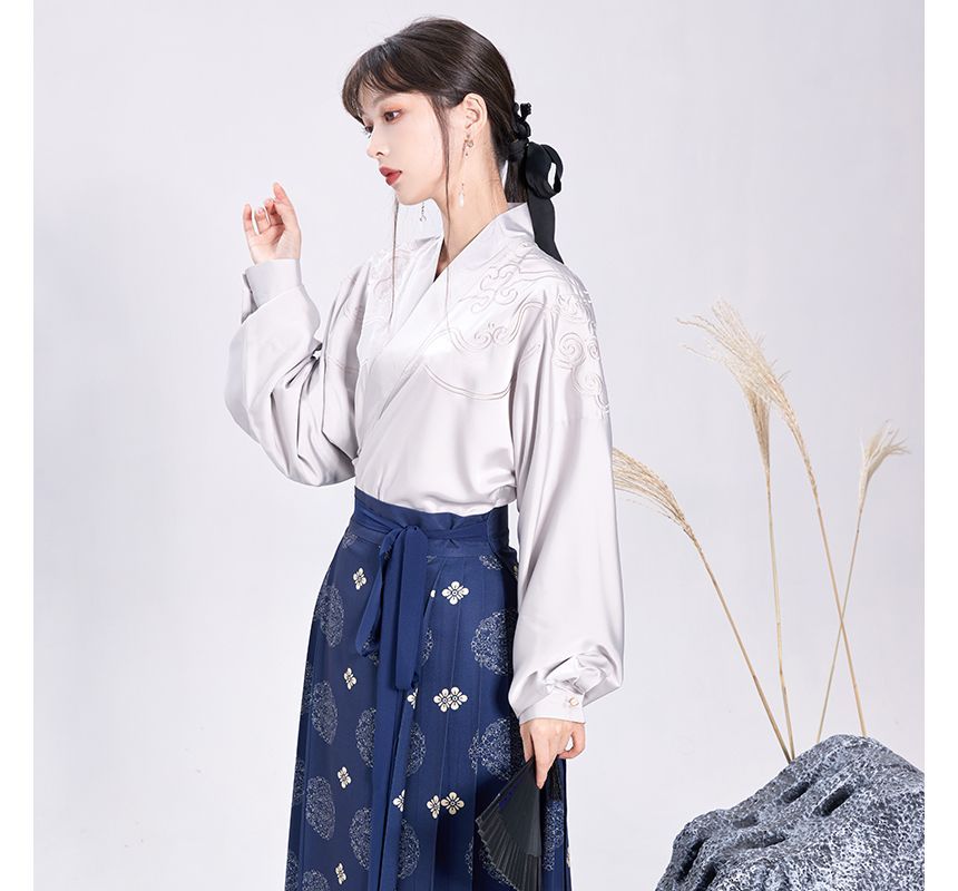 Embroidered Blouse / High Rise Print Pleated Maxi A-Line Wrap Skirt / Set SpreePicky