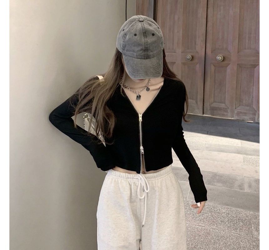 Plain Zip Cropped Hoodie SpreePicky