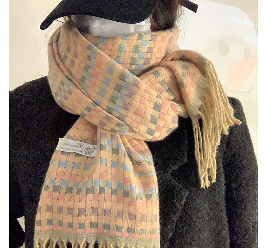 Plaid Fringed Trim Winter Scarf SpreePicky