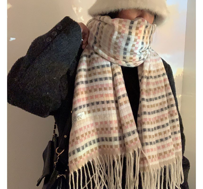 Plaid Fringed Trim Winter Scarf SpreePicky