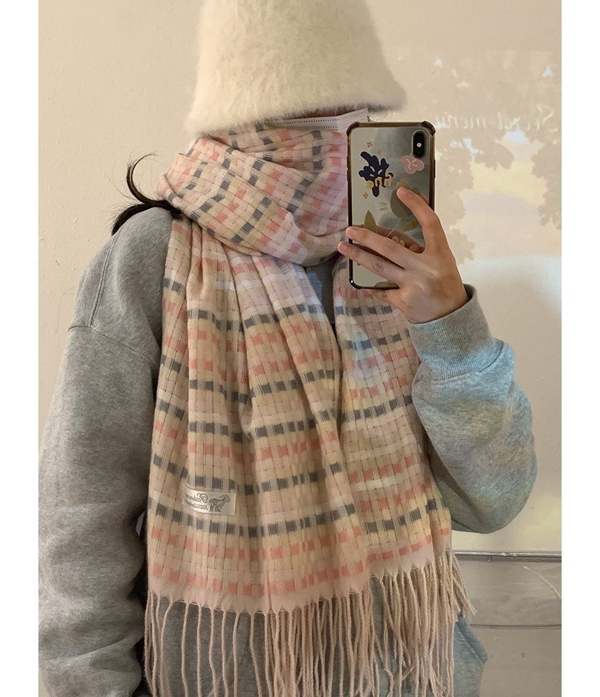 Plaid Fringed Trim Winter Scarf SpreePicky