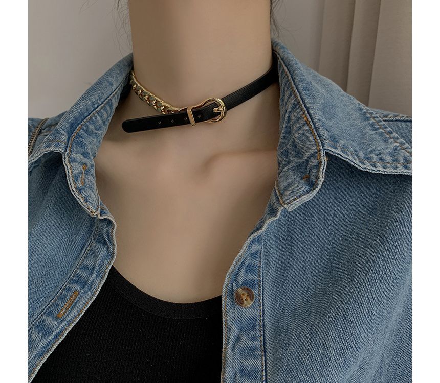 Chain Faux Leather Buckle Choker SpreePicky