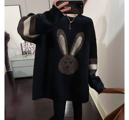 Crew Neck Rabbit Embroidered Sweater SpreePicky