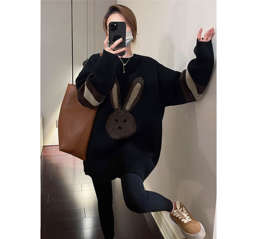 Crew Neck Rabbit Embroidered Sweater SpreePicky