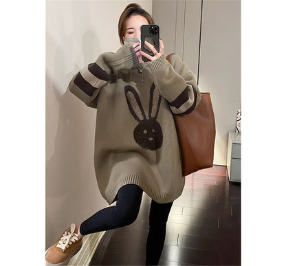 Crew Neck Rabbit Embroidered Sweater SpreePicky