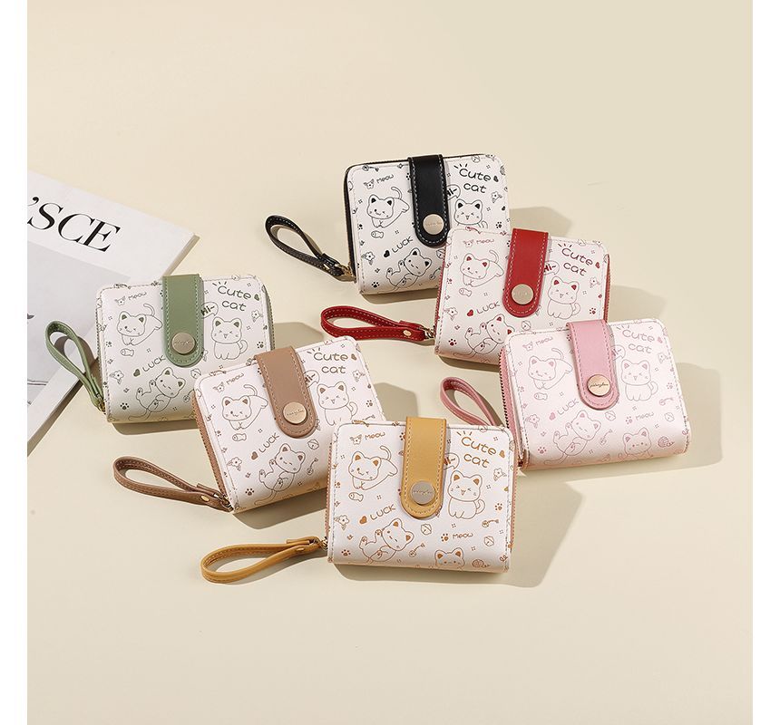 Cat Print Two-Tone Short Wallet SpreePicky