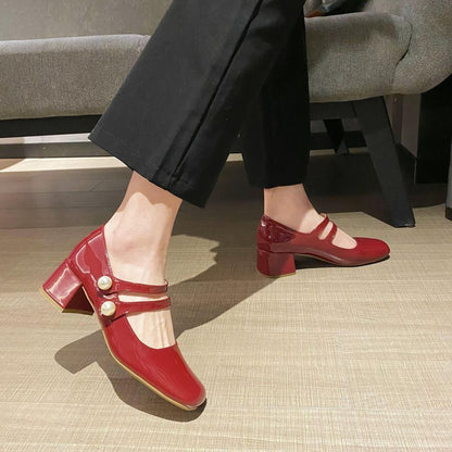 Plain Double-Strap Chunky Heel Mary Jane Pumps SpreePicky