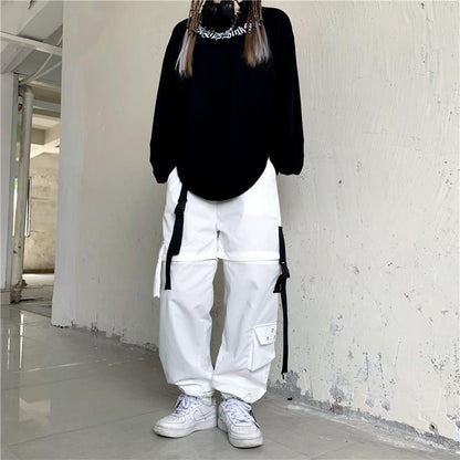 High Waist Straight-Fit Wide-Leg Detachable Cargo Pants SpreePicky