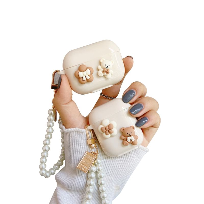 Floral Bear Faux Pearl Chain AirPods / Pro Earphone Case Skin SpreePicky