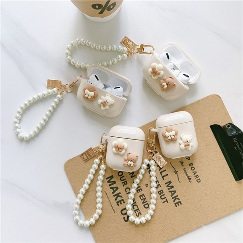 Floral Bear Faux Pearl Chain AirPods / Pro Earphone Case Skin SpreePicky