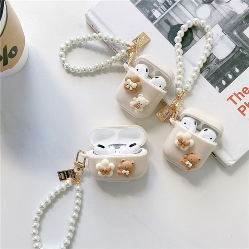 Floral Bear Faux Pearl Chain AirPods / Pro Earphone Case Skin SpreePicky