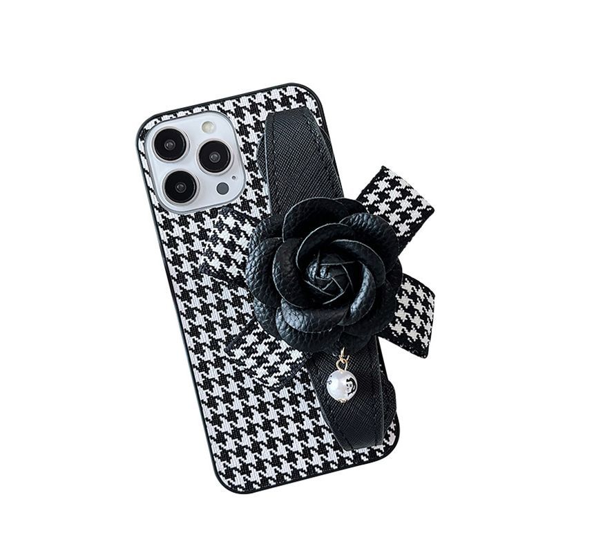 Floral Houndstooth Strap Phone Case - iPhone 14 Pro Max / 14 Pro / 14 Max / 14 / 13 Pro Max / 13 Pro / 13 / 13 mini / 12 Pro Max / 12 Pro / 12 / 12 mini / 11 Pro Max / 11 Pro / 11 / SE / XS Max / XS / XR / X / 8 / 8 Plus / 7 / 7 Plus SpreePicky