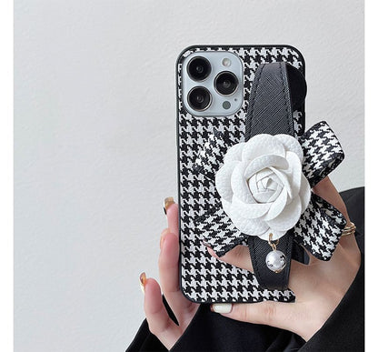 Floral Houndstooth Strap Phone Case - iPhone 14 Pro Max / 14 Pro / 14 Max / 14 / 13 Pro Max / 13 Pro / 13 / 13 mini / 12 Pro Max / 12 Pro / 12 / 12 mini / 11 Pro Max / 11 Pro / 11 / SE / XS Max / XS / XR / X / 8 / 8 Plus / 7 / 7 Plus SpreePicky