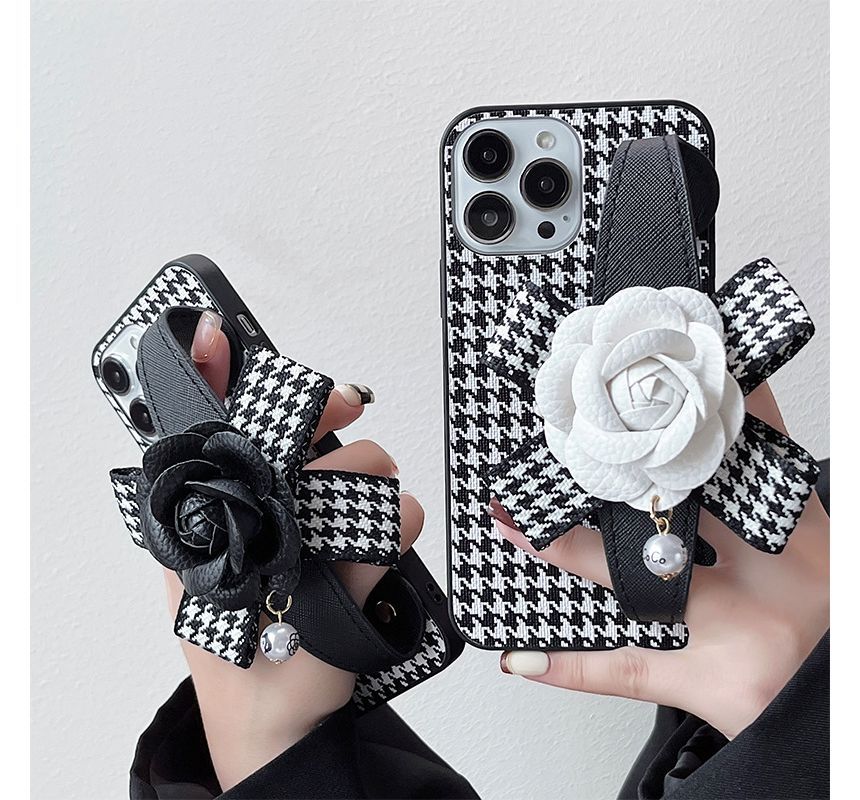 Floral Houndstooth Strap Phone Case - iPhone 14 Pro Max / 14 Pro / 14 Max / 14 / 13 Pro Max / 13 Pro / 13 / 13 mini / 12 Pro Max / 12 Pro / 12 / 12 mini / 11 Pro Max / 11 Pro / 11 / SE / XS Max / XS / XR / X / 8 / 8 Plus / 7 / 7 Plus SpreePicky