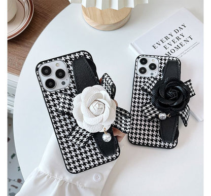 Floral Houndstooth Strap Phone Case - iPhone 14 Pro Max / 14 Pro / 14 Max / 14 / 13 Pro Max / 13 Pro / 13 / 13 mini / 12 Pro Max / 12 Pro / 12 / 12 mini / 11 Pro Max / 11 Pro / 11 / SE / XS Max / XS / XR / X / 8 / 8 Plus / 7 / 7 Plus SpreePicky