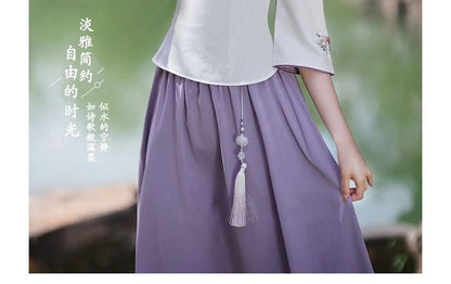 3/4-Sleeve Mock Neck Floral Embroidered Hanfu Top SpreePicky