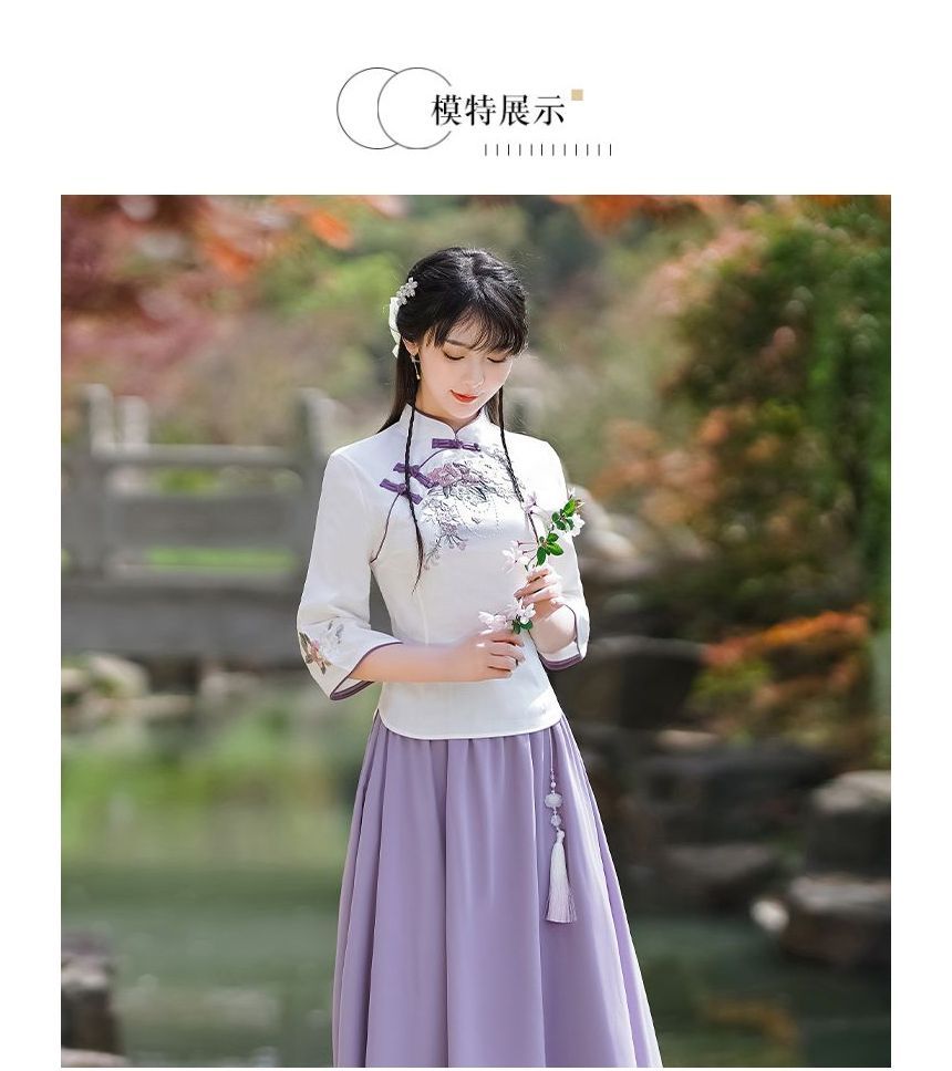 3/4-Sleeve Mock Neck Floral Embroidered Hanfu Top SpreePicky