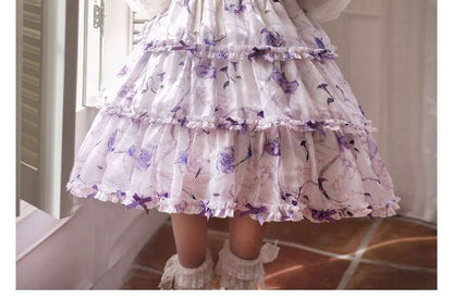 Lolita Long-Sleeve Floral Bow Ruffle Trim Midi A-Line Dress mySite