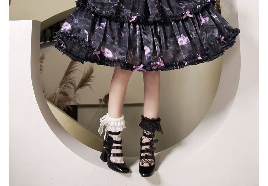 Lolita Long-Sleeve Floral Bow Ruffle Trim Midi A-Line Dress mySite