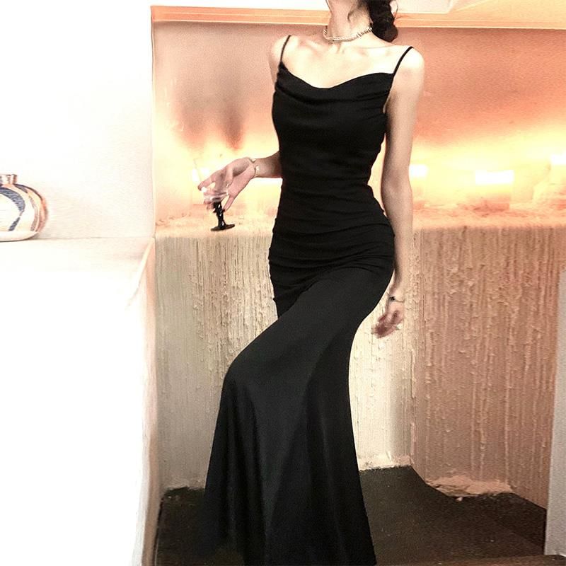 Spaghetti Strap Cowl Neck Plain Mermaid Evening Gown SpreePicky